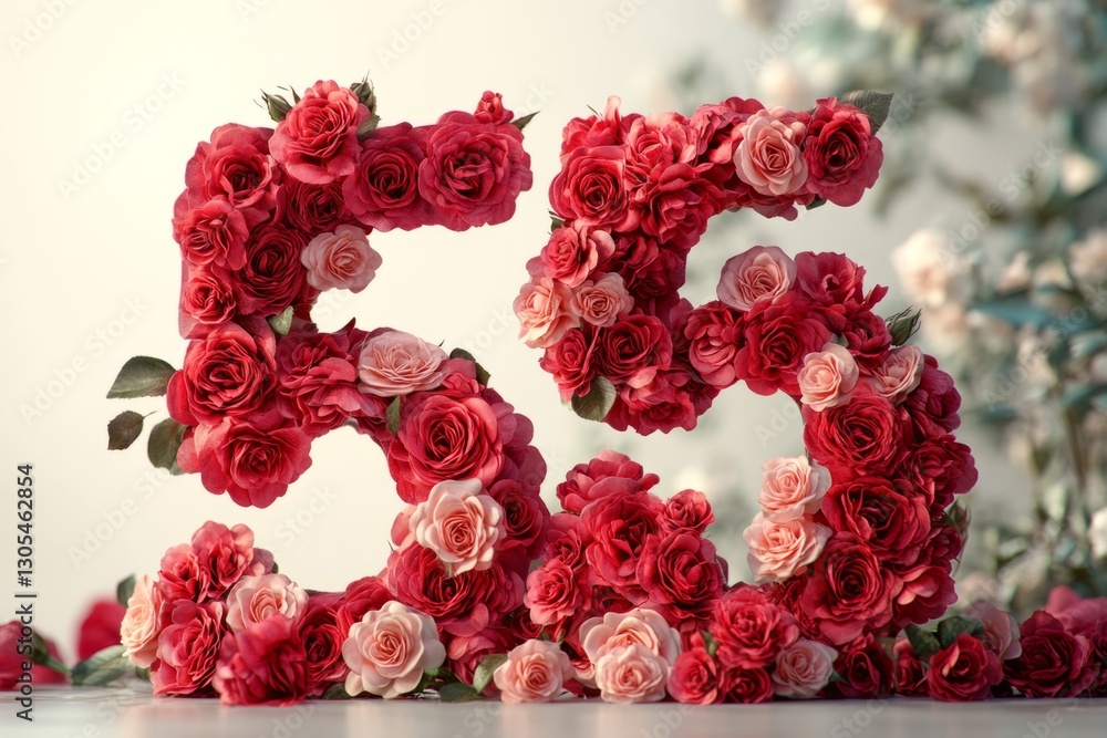 Number fifty-five composed of fresh pink and red roses celebrating a special occasion Number fifty-five composed of fresh pink and red roses celebrating a special occasion