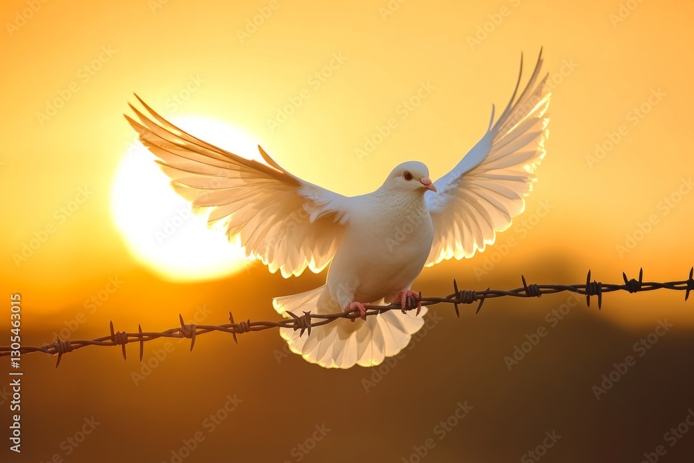 Obraz premium White dove with spread wings landing on barbed wire against a golden sunset, symbolizing hope, peace, and freedom