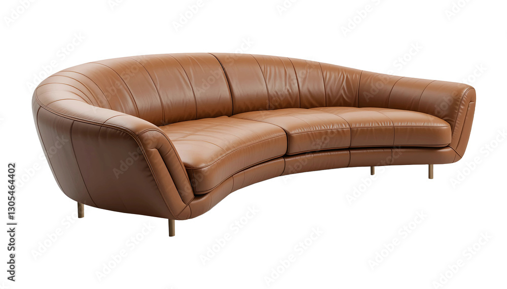 Fototapeta premium Modern Curved Leather Sofa with Brass Legs Isolated on Transparent Background