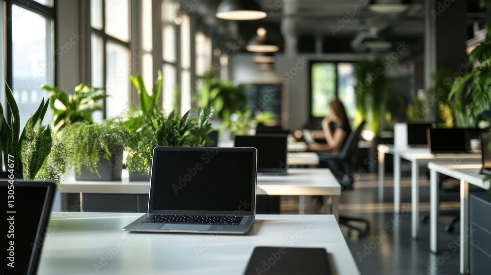 Modern office workspace with laptops and plants. Interior shot, suitable for showcasing a contemporary workplace Modern office workspace with laptops and plants. Interior shot, suitable for showcasing a contemporary workplace