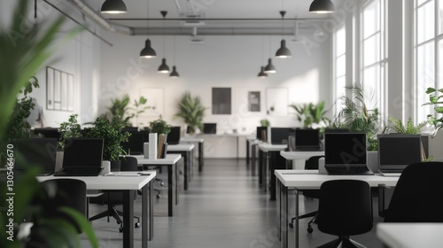 Modern office interior with plants  empty desks  and natural light.  Possible use Stock photo for office spaces  design inspiration
