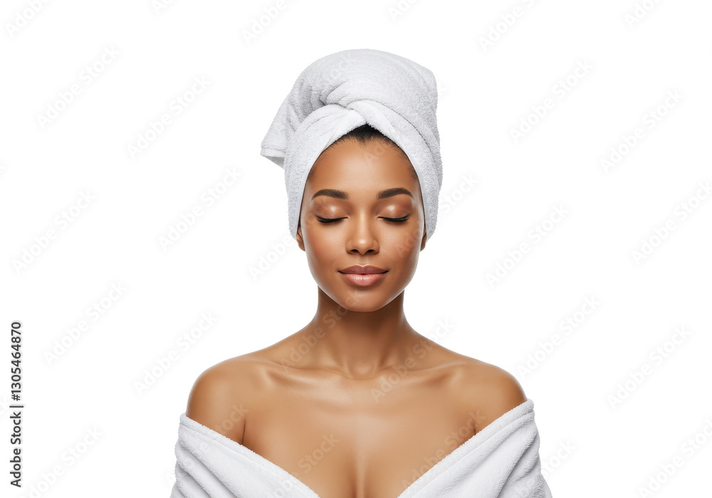 A serene young woman with medium brown skin wrapped in a soft white spa robe isolated on transparent background A serene young woman with medium brown skin wrapped in a soft white spa robe isolated on transparent background