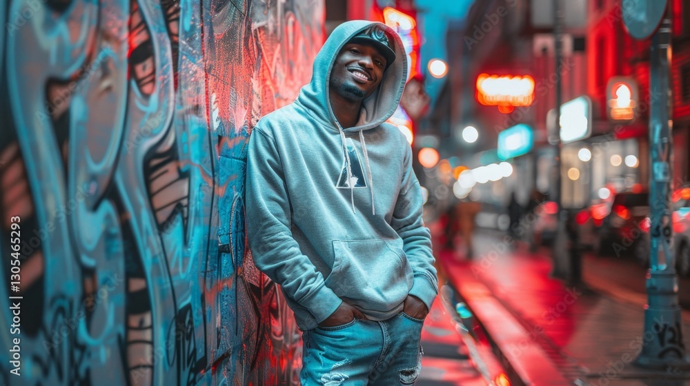 Fototapeta premium Joyful man in a hoodie smiles against a vibrant urban backdrop filled with colorful graffiti and glowing city lights