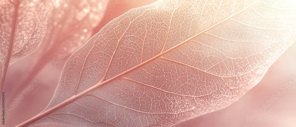 Obraz premium A delicate leaf with intricate veins sparkles in soft, warm light, conveying tranquility and the beauty of nature's design.