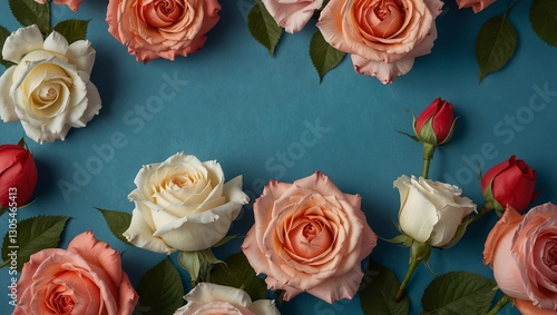 Elegant Flat Lay of Roses on a Serene Blue Backdrop for Women’s Day or Mother's Day

