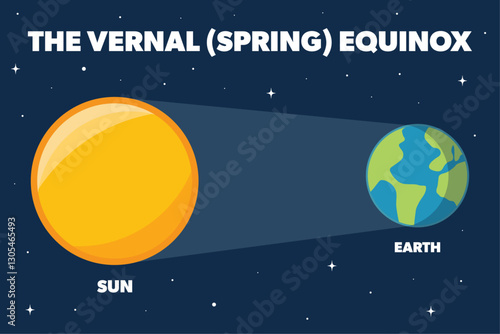 The vernal equinox. Spring equinox. Sun illuminating the earth with a celestial, starry background. Vector illustration.