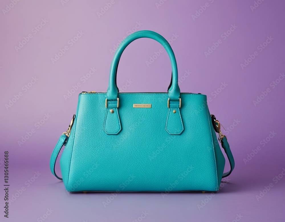 Stylish turquoise handbag displayed elegantly against a vibrant purple background. Stylish turquoise handbag displayed elegantly against a vibrant purple background.