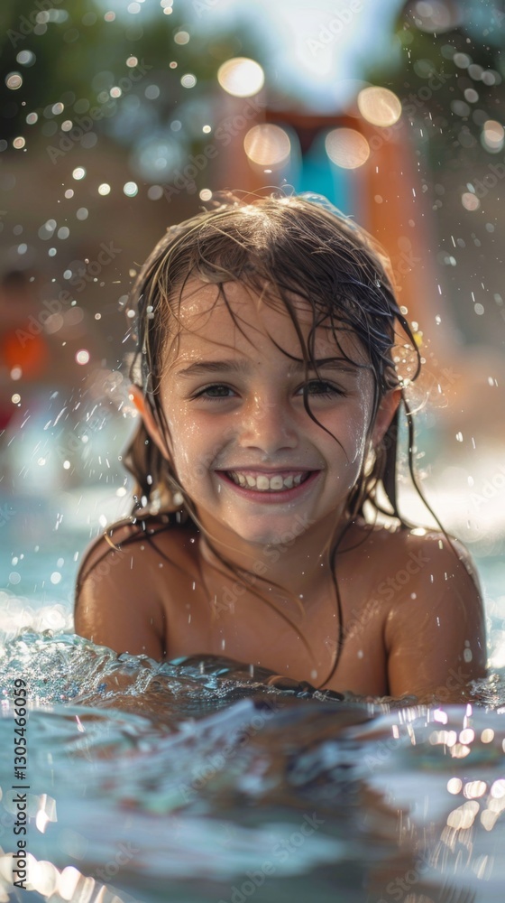 Obraz premium Happy child splashing water in summer pool during bright sunny day with playful background activities