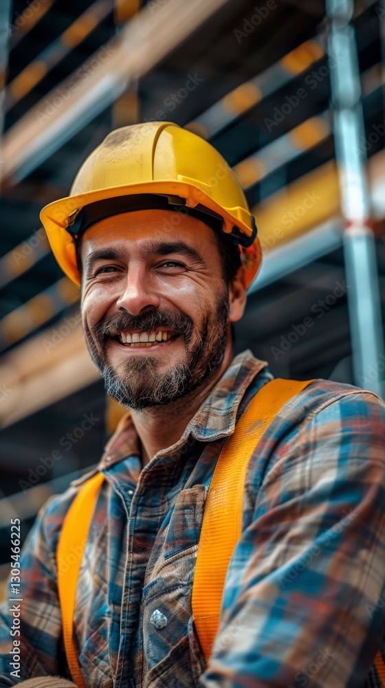 Construction worker smiles while taking a break at a building site in the sun Construction worker smiles while taking a break at a building site in the sun