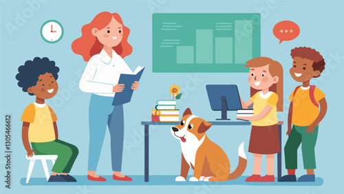 The students take turns monitoring the class pets health and wellbeing noting any changes in behavior or appearance and reporting it to the teacher immediately.. Vector illustration