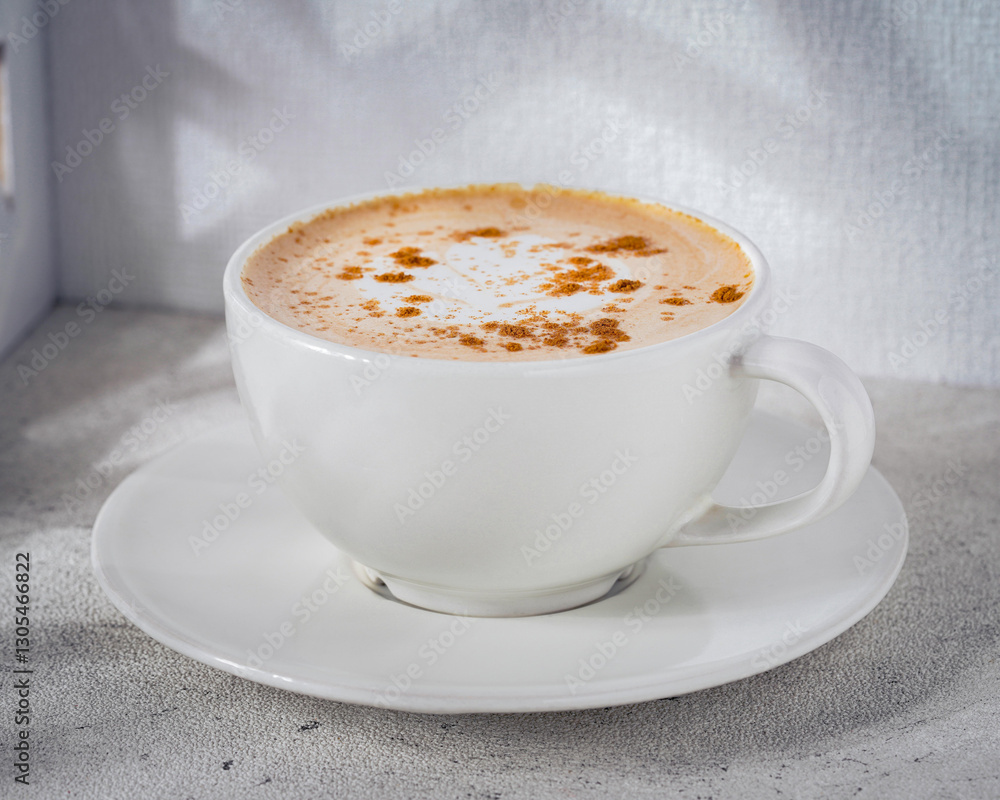 A warm and frothy chai latte served in a white ceramic cup with a dusting of cinnamon on top. This spiced beverage offers a cozy and aromatic experience, perfect for relaxation and comfort A warm and frothy chai latte served in a white ceramic cup with a dusting of cinnamon on top. This spiced beverage offers a cozy and aromatic experience, perfect for relaxation and comfort