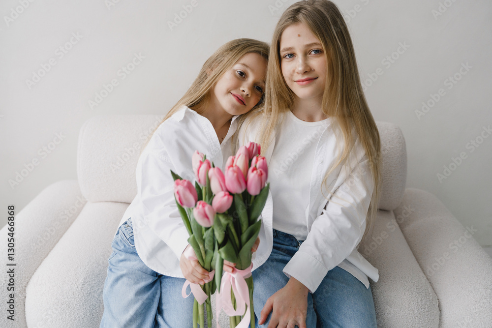 wo blonde sisters with a bouquet of fresh tulips. Girls holding a bouquet of flowers and smiling. Sisters with a bouquet of flowers are preparing to congratulate their mother on Mother's Day. wo blonde sisters with a bouquet of fresh tulips. Girls holding a bouquet of flowers and smiling. Sisters with a bouquet of flowers are preparing to congratulate their mother on Mother's Day.