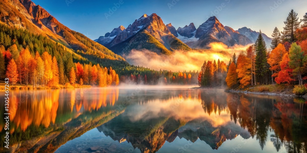 Obraz premium Serene Autumn Dawn Majestic Mountain Peaks Mirrored in a Calm Lake, Flanked by Vibrant Fall Foliage, Bathed in Golden Sunlight