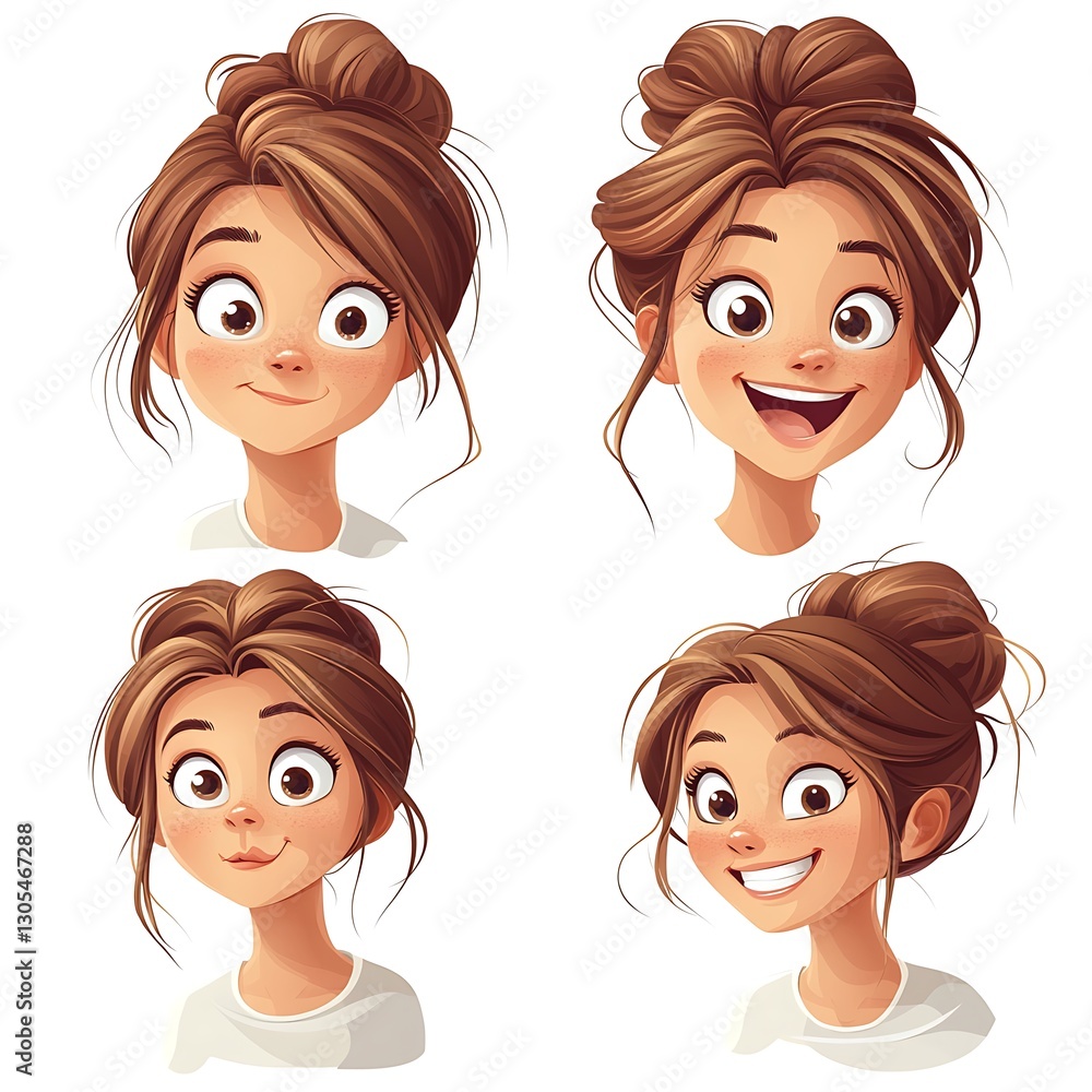Girl with bun; set of four emotions; white background Girl with bun; set of four emotions; white background