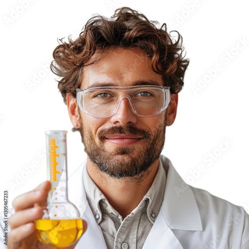 Scientist holding a flask with yellow liquid, smiling in a lab setting with equipment in the background photo