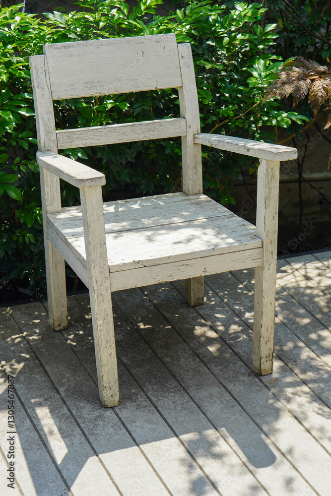old white wooden chair on wooden floor, green tree background, nature, object, decor, copy space old white wooden chair on wooden floor, green tree background, nature, object, decor, copy space