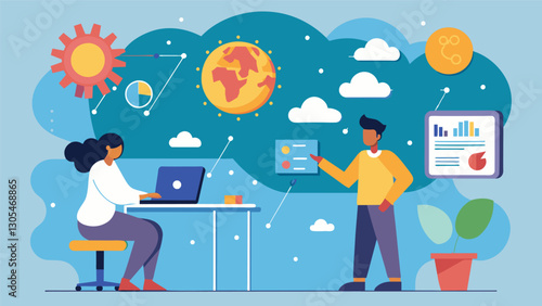 Using tingedge algorithms meteorologists analyze data from multiple sources to create highly accurate weather forecasts.. Vector illustration