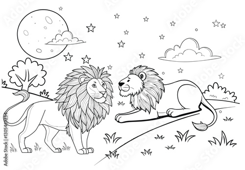 Coloring page  of A pair of lions in nature
