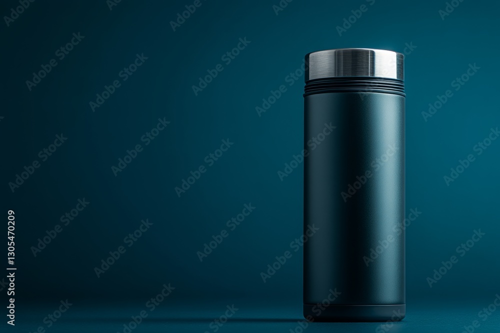 Stylish reusable water bottle stands on a minimalist backdrop, embodying eco-conscious hydration Stylish reusable water bottle stands on a minimalist backdrop, embodying eco-conscious hydration