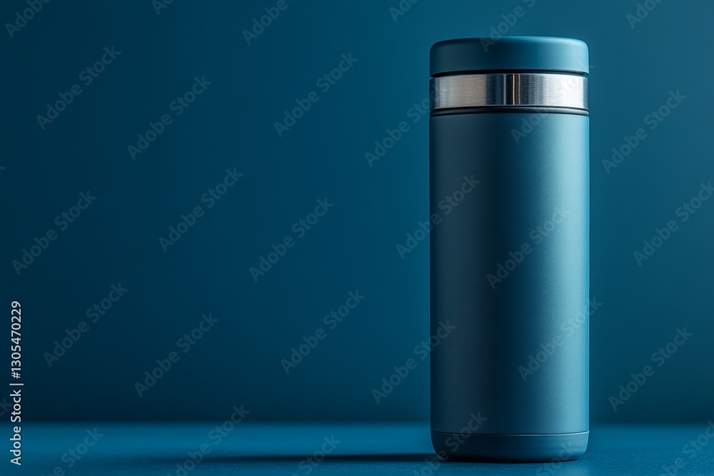 Stylish reusable water bottle stands on a blue backdrop, embodying hydration and eco-consciousness Stylish reusable water bottle stands on a blue backdrop, embodying hydration and eco-consciousness