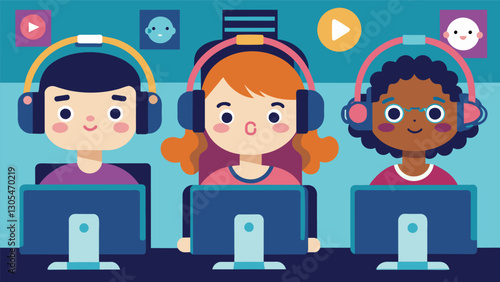 With their headphones on and eyes locked on the screens the children are completely immersed in their work becoming completely absorbed by the digital world around them.. Vector illustration