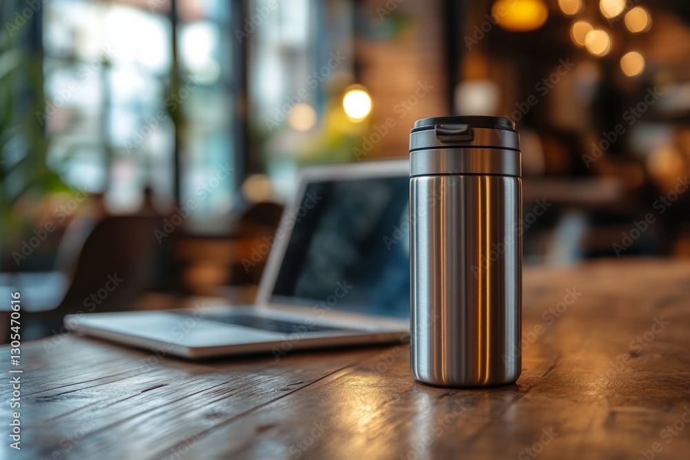 Metal reusable cup and laptop sitting on wooden table in cafe, suggesting remote work or studying Metal reusable cup and laptop sitting on wooden table in cafe, suggesting remote work or studying