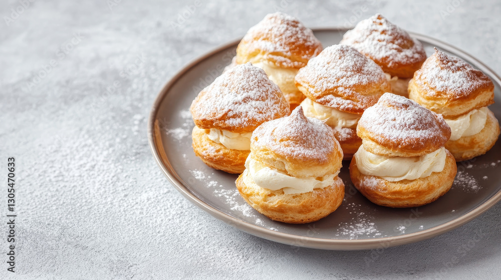 Lightly coated in powdered sugar, a plate of cream puffs rests on a subtle grey background, highlighting their delicate texture.
Lightly coated in powdered sugar, a plate of cream puffs rests on a subtle grey background, highlighting their delicate texture.