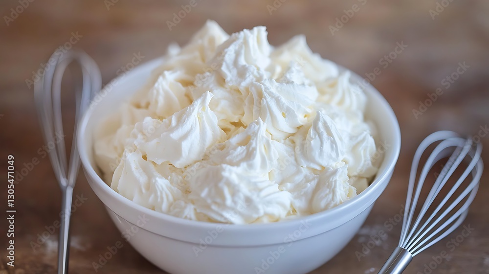 Bowl of freshly whipped cream with soft peaks a whisk nearby capturing the airy texture and indulgent appeal of this dairy delight Bowl of freshly whipped cream with soft peaks a whisk nearby capturing the airy texture and indulgent appeal of this dairy delight