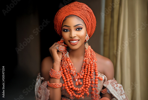 A beautiful Nigerian Igbo woman in a heavily beaded traditional outfit