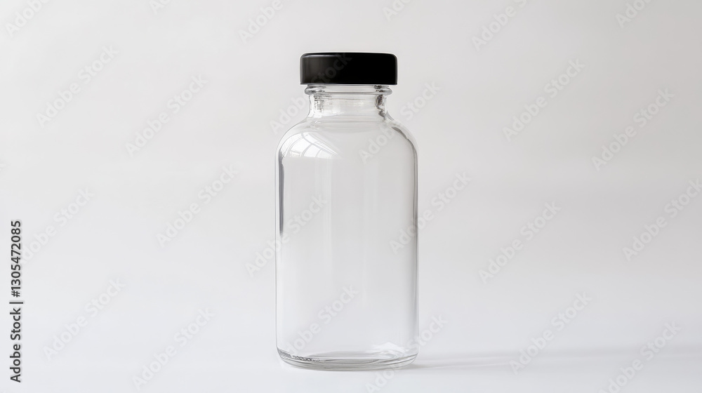 A glass bottle of milk is sitting on a white background. The bottle is clear and has a black lid A glass bottle of milk is sitting on a white background. The bottle is clear and has a black lid