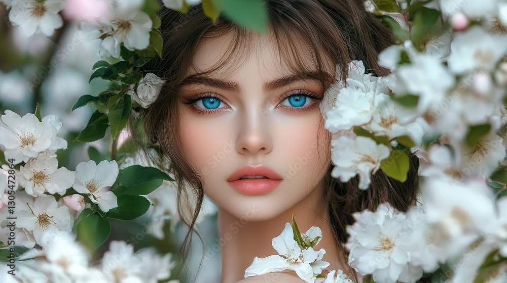 Fototapeta premium close up blue eyes woman looking at camera surround with cherry flowers