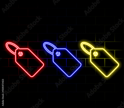 Glowing neon tag with word SALE against dark brick wall background. Shopping discount advertising banner, vector illustration