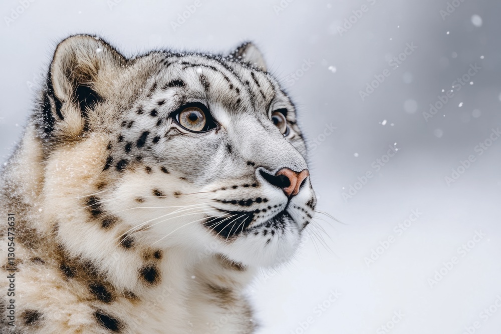 Naklejka premium Majestic snow leopard with its captivating gaze amidst a snowy winter landscape