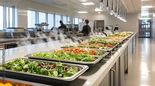 Bright self serve cafeteria line featuring colorful salads steaming trays of hearty entrees and customers selecting meals in a clean casual setting