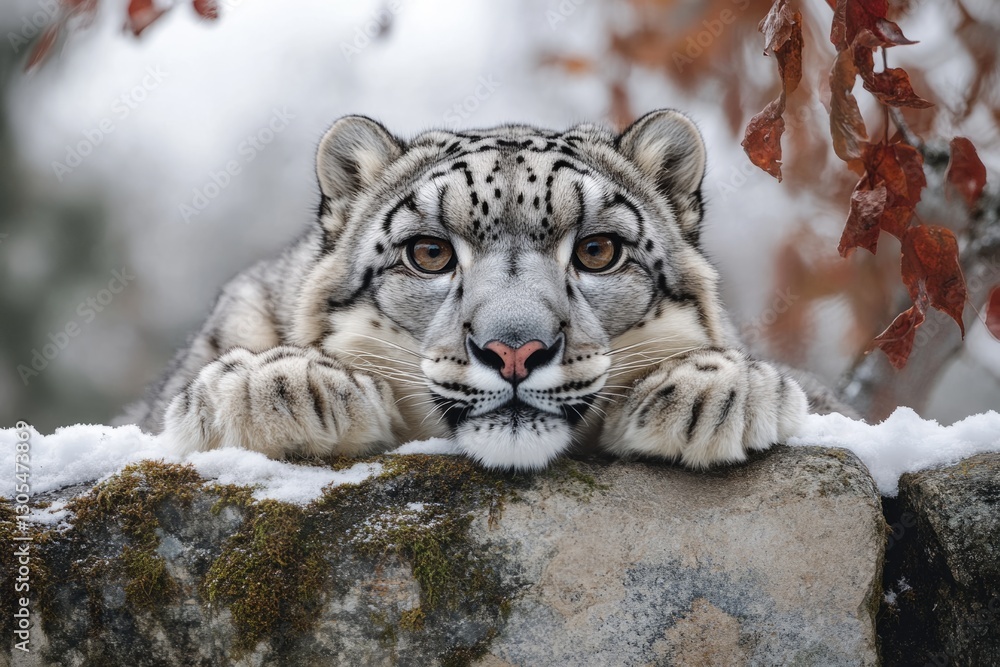 Fototapeta premium Majestic snow leopard resting its paws on a snow-covered rock, with a serene expression amidst a winter landscape