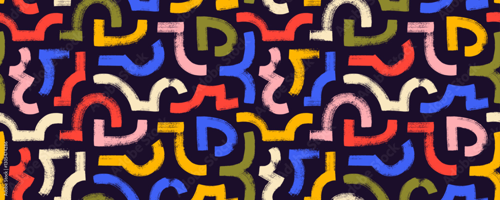Playful bold curved lines, arches and dashes seamless pattern. Colorful background with brush drawn thick strokes. Playful bold curved lines, arches and dashes seamless pattern. Colorful background with brush drawn thick strokes.