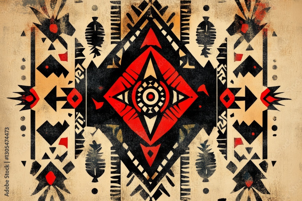 Intricate red and black geometric shapes combine, forming a captivating tribal pattern on a textured background Intricate red and black geometric shapes combine, forming a captivating tribal pattern on a textured background