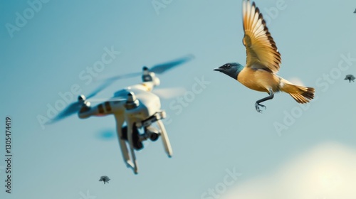 Drone flies near bird in blue sky. Wildlife flying. Nature and technology meet. Small bird in flight. Winged animal moves through air.