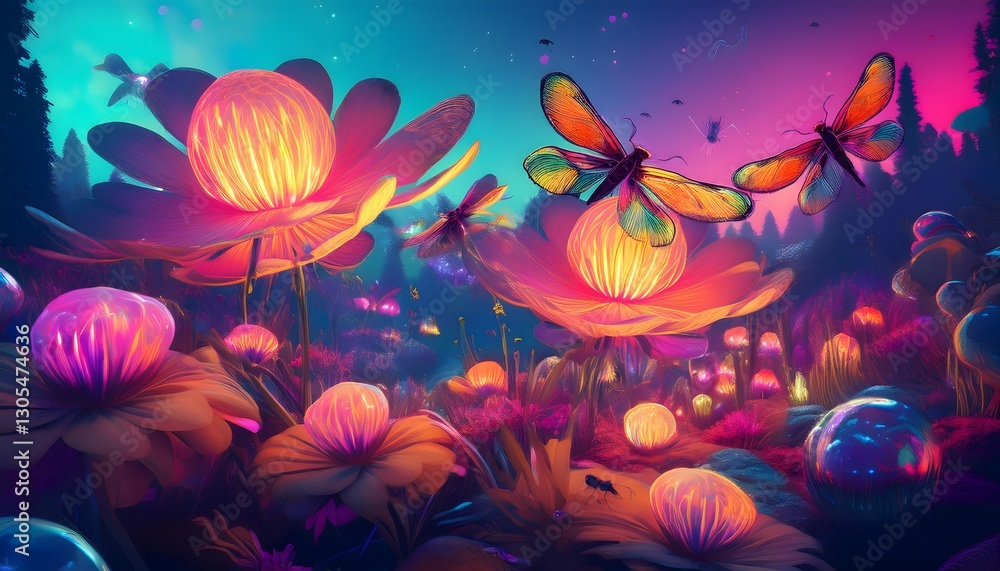 Fototapeta premium Glowing flowers and butterflies creating surreal spring scene at night