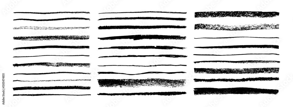 Horizontal crayon drawn straight lines. Scratchy strokes with rough edges. Thin and thick long chalk lines collection. Charcoal underlines with rough texture. Vector doodle smears, strike through. Horizontal crayon drawn straight lines. Scratchy strokes with rough edges. Thin and thick long chalk lines collection. Charcoal underlines with rough texture. Vector doodle smears, strike through.