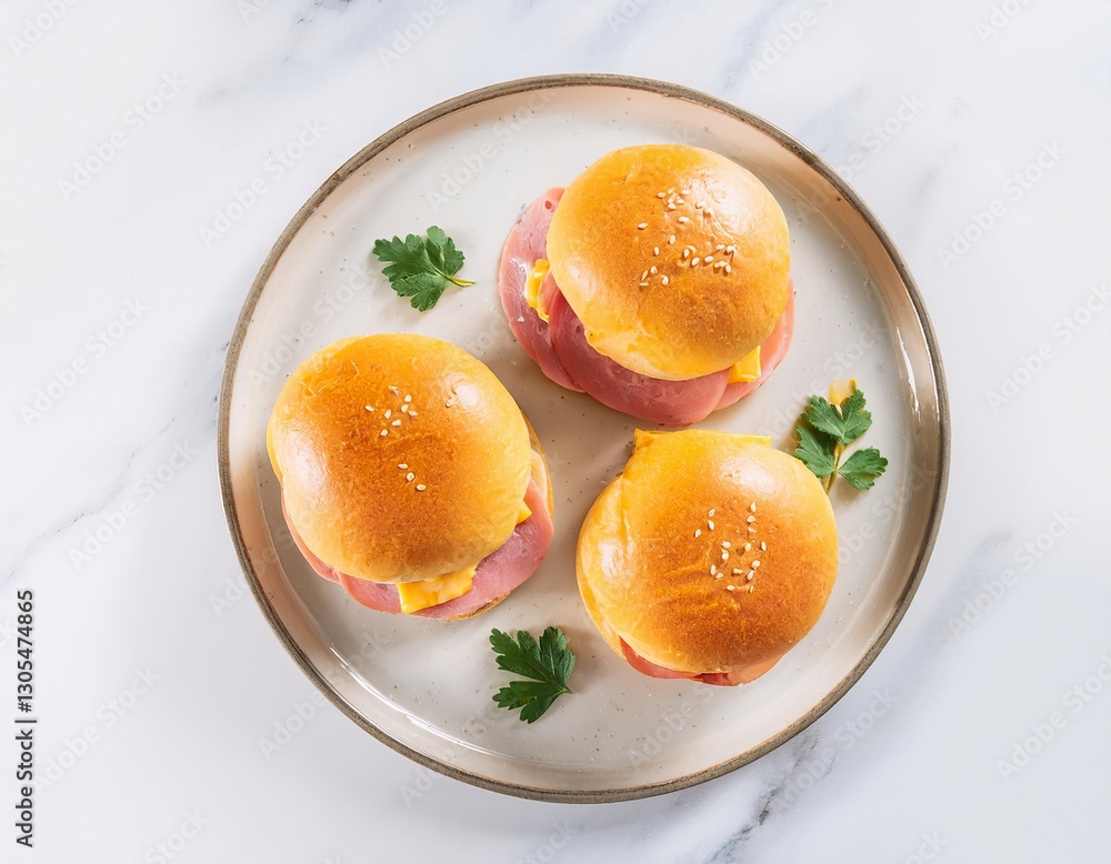 Delicious homemade slider sandwiches with ham and cheese filling sitting on plate Delicious homemade slider sandwiches with ham and cheese filling sitting on plate