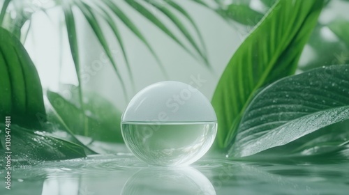 A spherical container filled with a clear liquid sits gracefully among rich green leaves, symbolizing a refreshing and natural approach to hair care