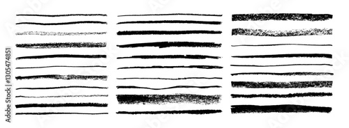 Horizontal crayon drawn straight lines. Scratchy strokes with rough edges. Thin and thick long chalk lines collection. Charcoal underlines with rough texture. Vector doodle smears, strike through.