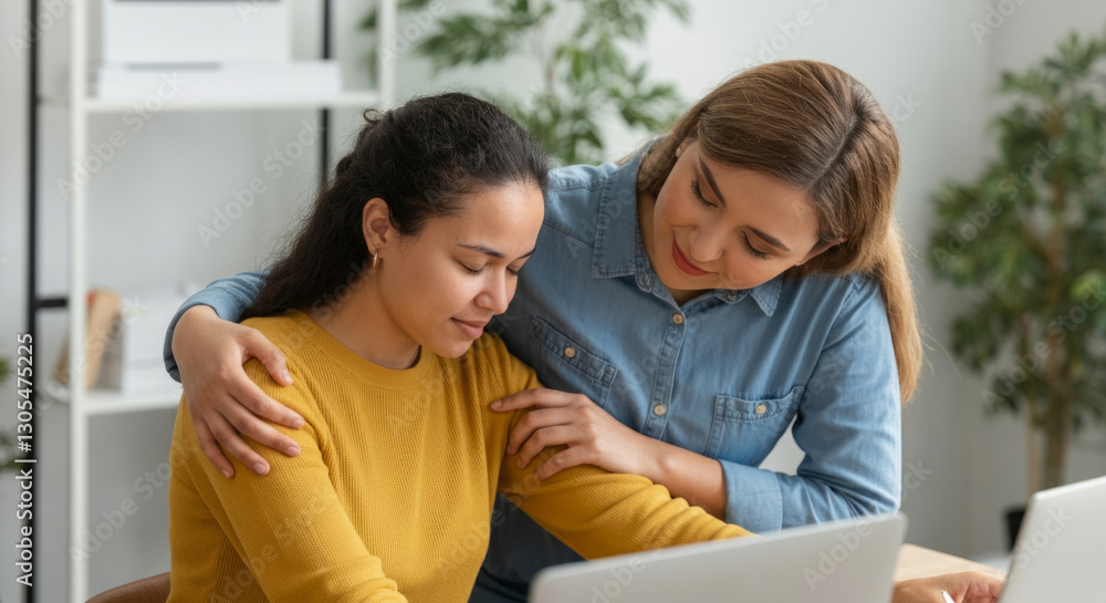Supportive female office interaction - two young hispanic women sharing a moment at work Supportive female office interaction - two young hispanic women sharing a moment at work
