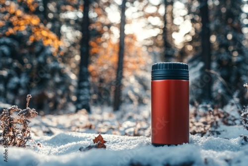 Red thermos standing on snow in winter forest with warm sunlight, enjoying peaceful moment in nature