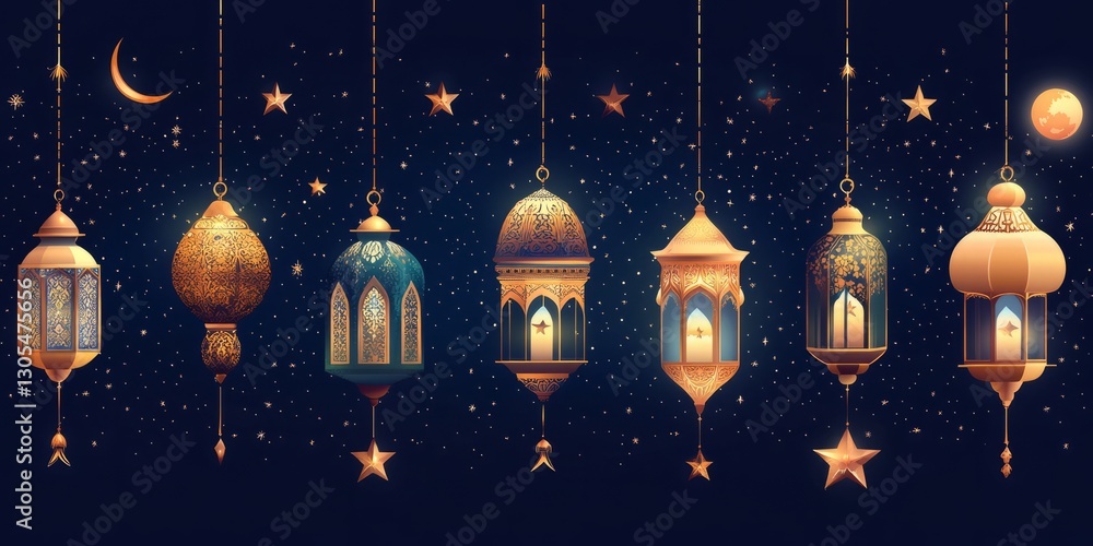 Fototapeta premium Golden lanterns, crescent moons and stars hanging for ramadan kareem or eid mubarak celebration