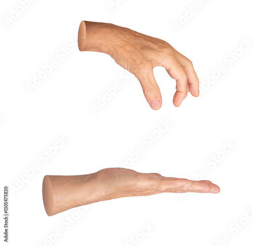An elderly hand with detailed skin texture, wrinkles, and veins, offering and receiving an invisible object. Two hands positioned top and bottom, grasping and pinching something unseen. Concept of
