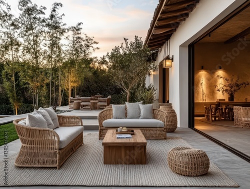 Outdoor patio furniture arrangement with sofa and woven accents