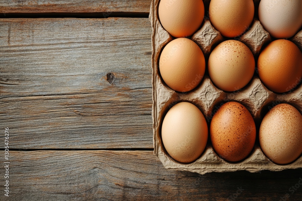 Ten brown eggs are nestled in a cardboard carton on a rustic wooden table, creating a cozy farm-fresh scene Ten brown eggs are nestled in a cardboard carton on a rustic wooden table, creating a cozy farm-fresh scene