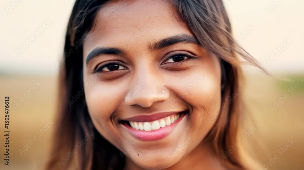 Smiling woman radiating joy and positivity in a serene outdoor setting during golden hour Smiling woman radiating joy and positivity in a serene outdoor setting during golden hour